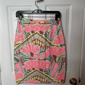 Vibrant Pink and Green Patterned Pencil Skirt